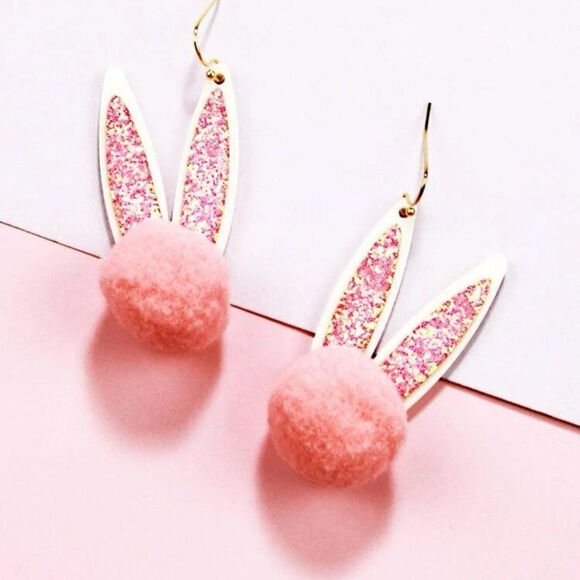 Pink Glitter Pom Pom Bunny Ear Earrings - Picture 6 of 11
